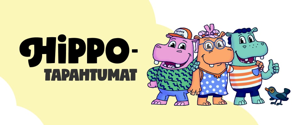 "Hippo-piirroshahmot vilkuttavat iloisesti"