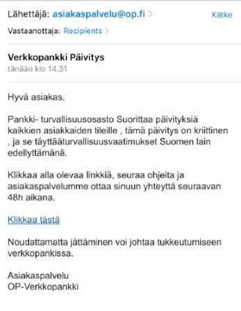 Esimerkki huijaussähköpostista
