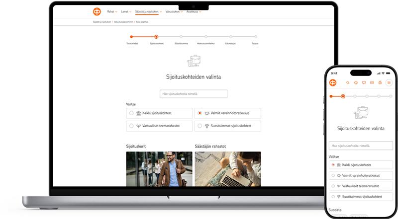 Sijoituskohteen valintaa helpottavat haku sijoituskohteen nimellä, kategoriavalitsimet ja sijoituskohteiden esittelykortit joissa sijoituskohteita näytetään vain muutamia kerrallaan. Esittelykorteissa asiakkaan on helppo kiinnittää huomio sijoituskohteiden avaintietoihin ja vertailla kohteita toisiinsa.