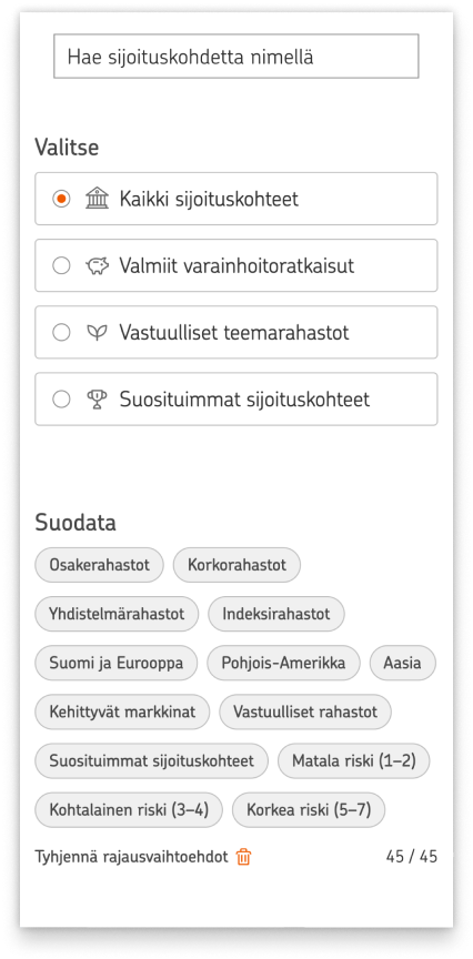 Henkilökohtaisen sijoitussuunnitelman toinen vaihe:
Sijoituskohteisiin perehtyminen. Käyttöliittymän kategoriat ja suodattimet helpottavat sopivan sijoituskohteen löytämistä.