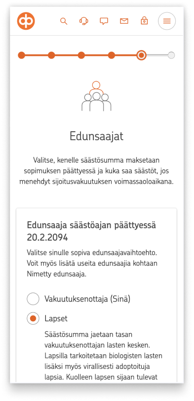Ostopolun viides vaihe. Määritä edunsaajat. Valitse edunsaajaksi esimerkiksi sinulle tärkeä ihminen, yhdistys tai säätiö.