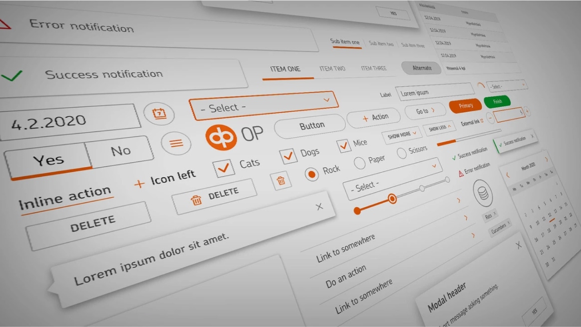 OP Ryhmän Design Systems sisältää käyttöliittymäsuunnitteluun yhteiskäyttöisiä komponentteja, esimerkiksi päivämäärävalitsimen ja erilaisia painikkeita.