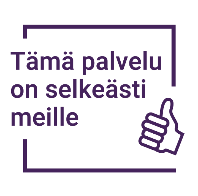Selkeästi meille -tunnus, jossa lukee Tämä palvelu on selkeästi meille ja jossa on kuvituksena käsi, jolla on peukku ylöspäin.