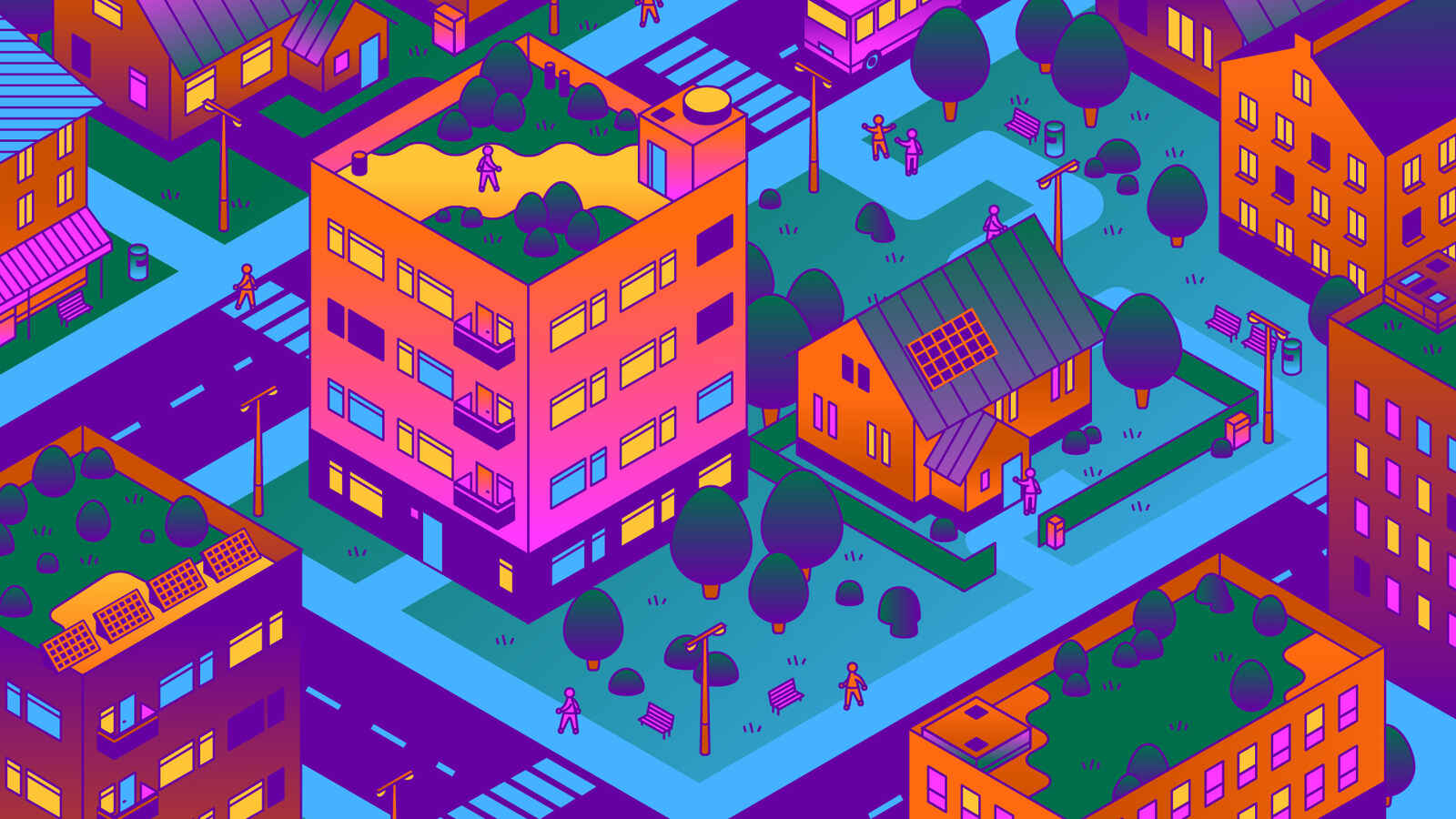 Kuvitteellinen tulevaisuuden kaupunkinäkymä, kerrostalossa viherkatto.