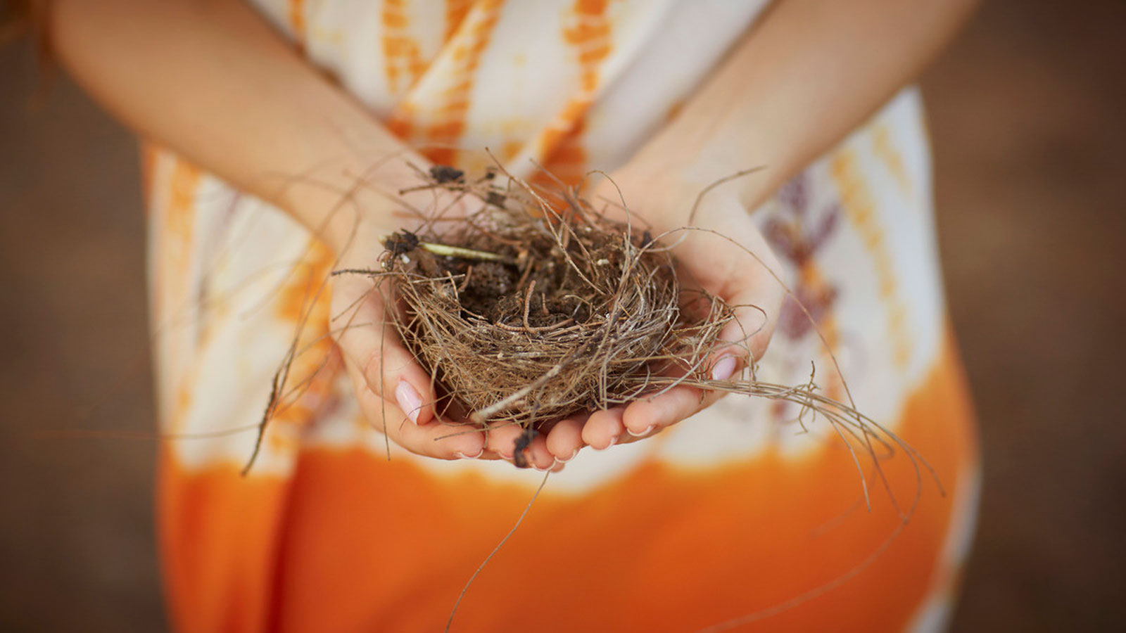 Tyttö linnunpesä kädessä